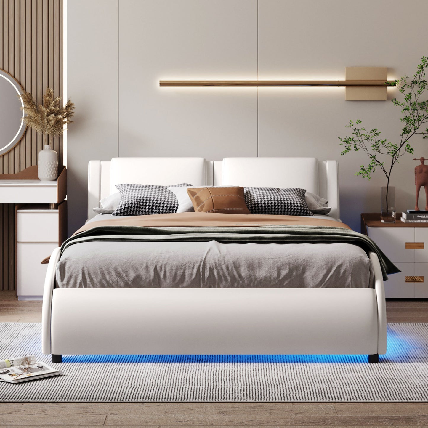 Full Size Upholstered Faux Leather Platform Bed with LED Light Bed Frame with Slatted - White