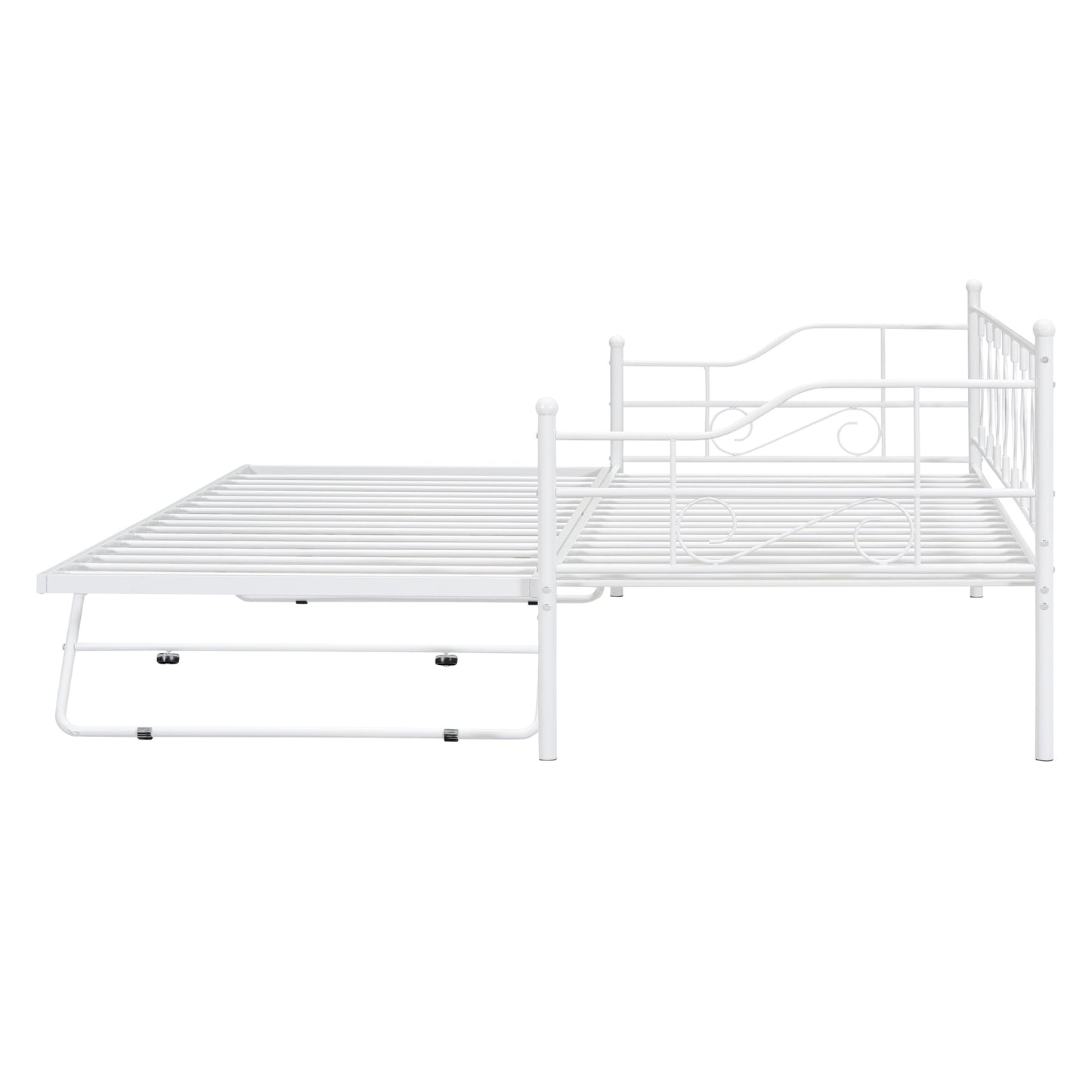 Twin Size Metal Daybed with Twin Size Adjustable Trundle, Portable Folding Trundle, White