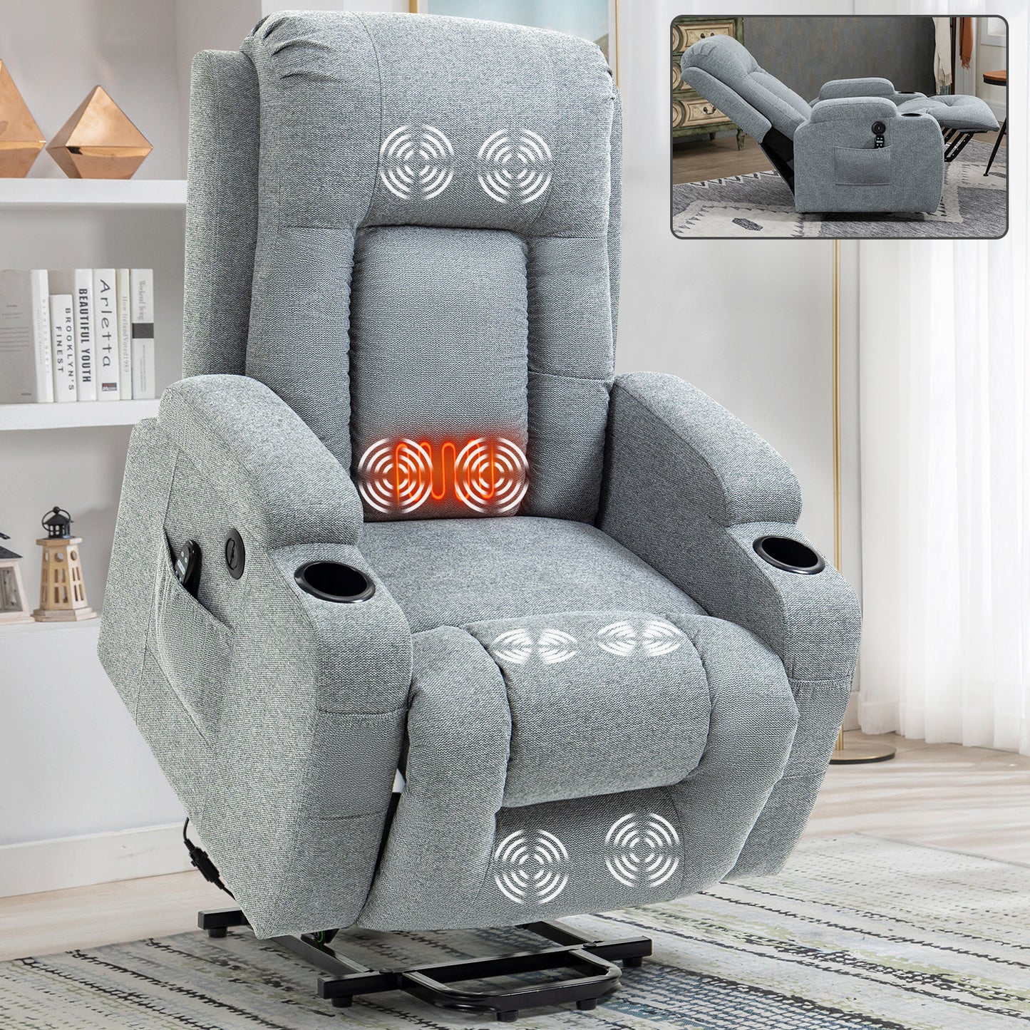 Infinite Position Okin Motor Power Lift Recliner Chair with Massage and Heating - Grey