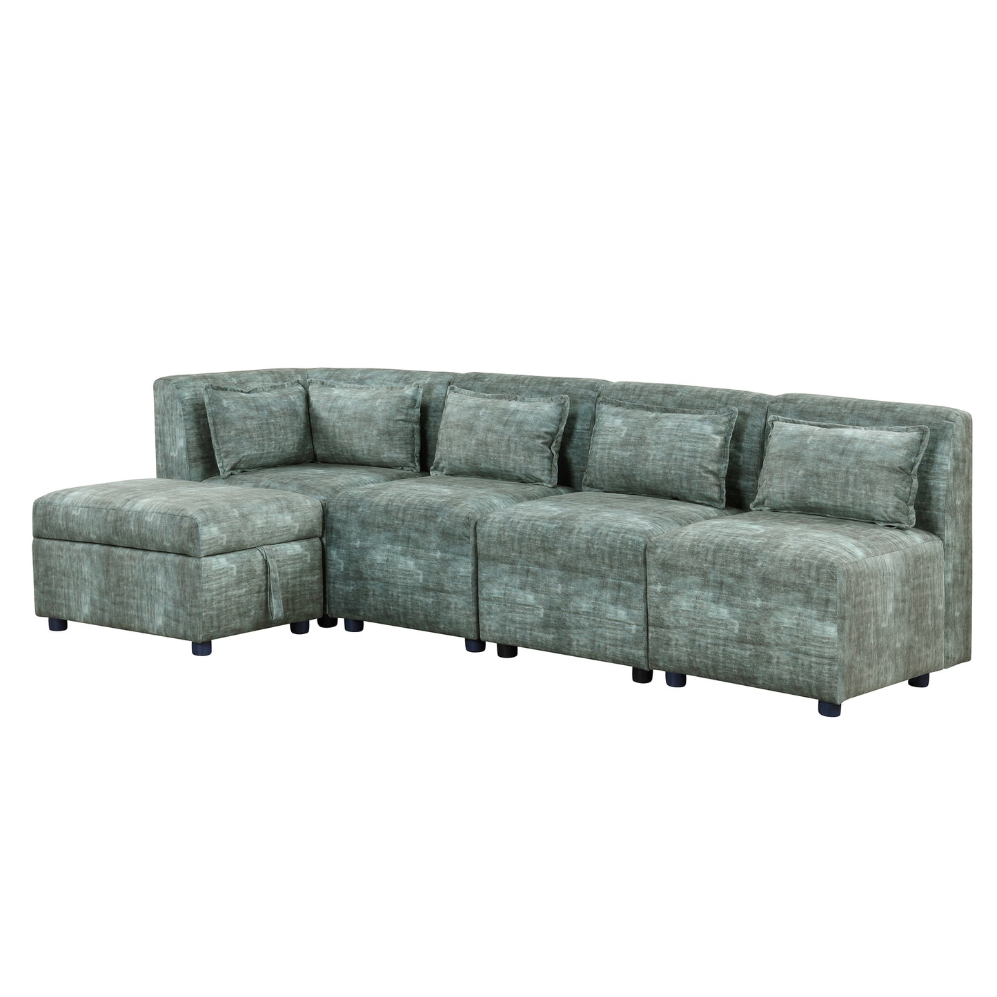 Endless Lounge Creations: Free-Combined Blue-Green Sectional Sofa with Storage Ottoman and 5 Pillows