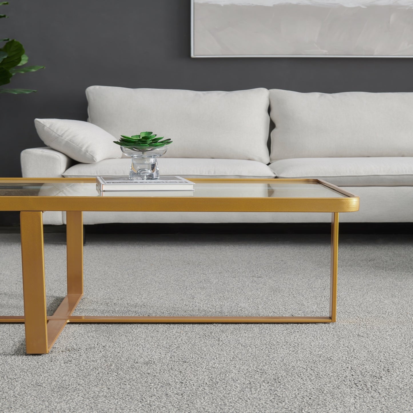 Sleek Rectangle Coffee Table with Golden Metal Frame and Tempered Glass Tabletop