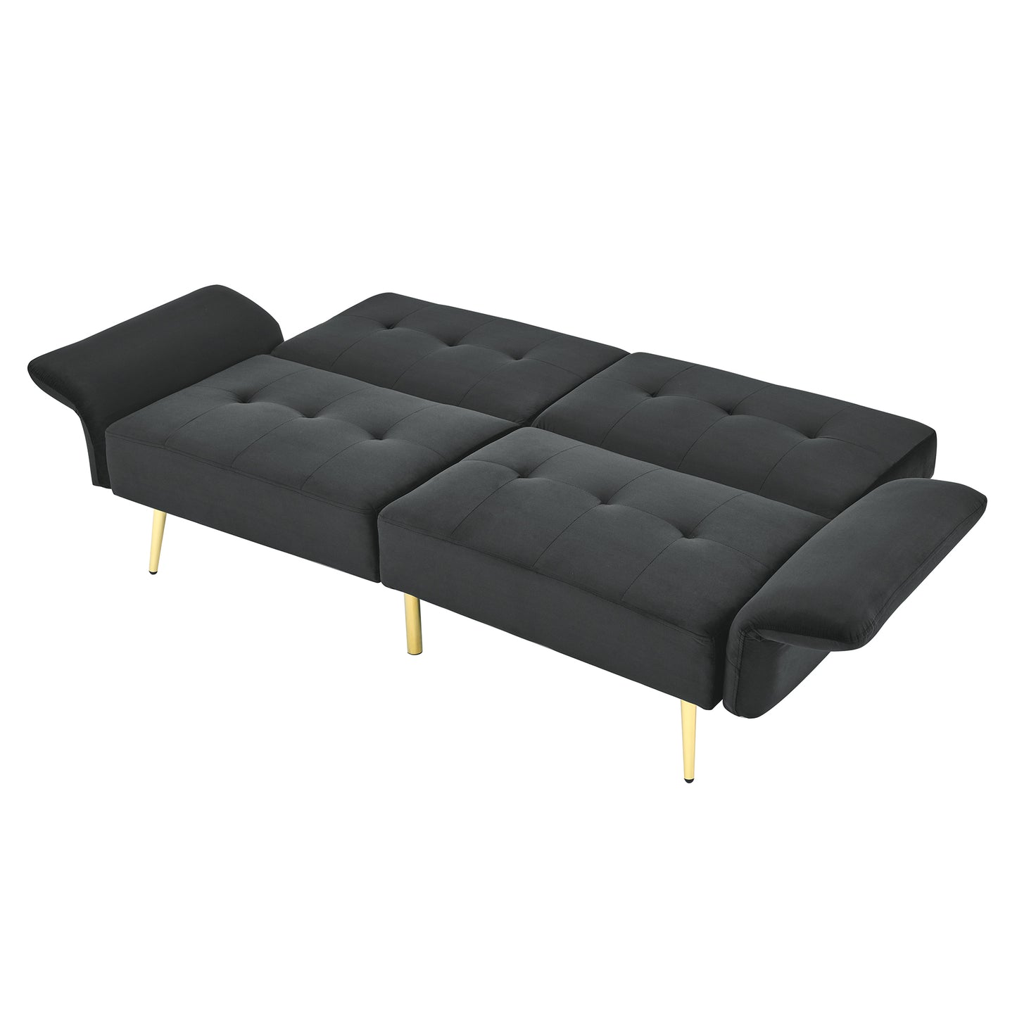 78-Inch Italian Velvet Futon Sofa Bed with Folded Armrests and Storage Bags, Black