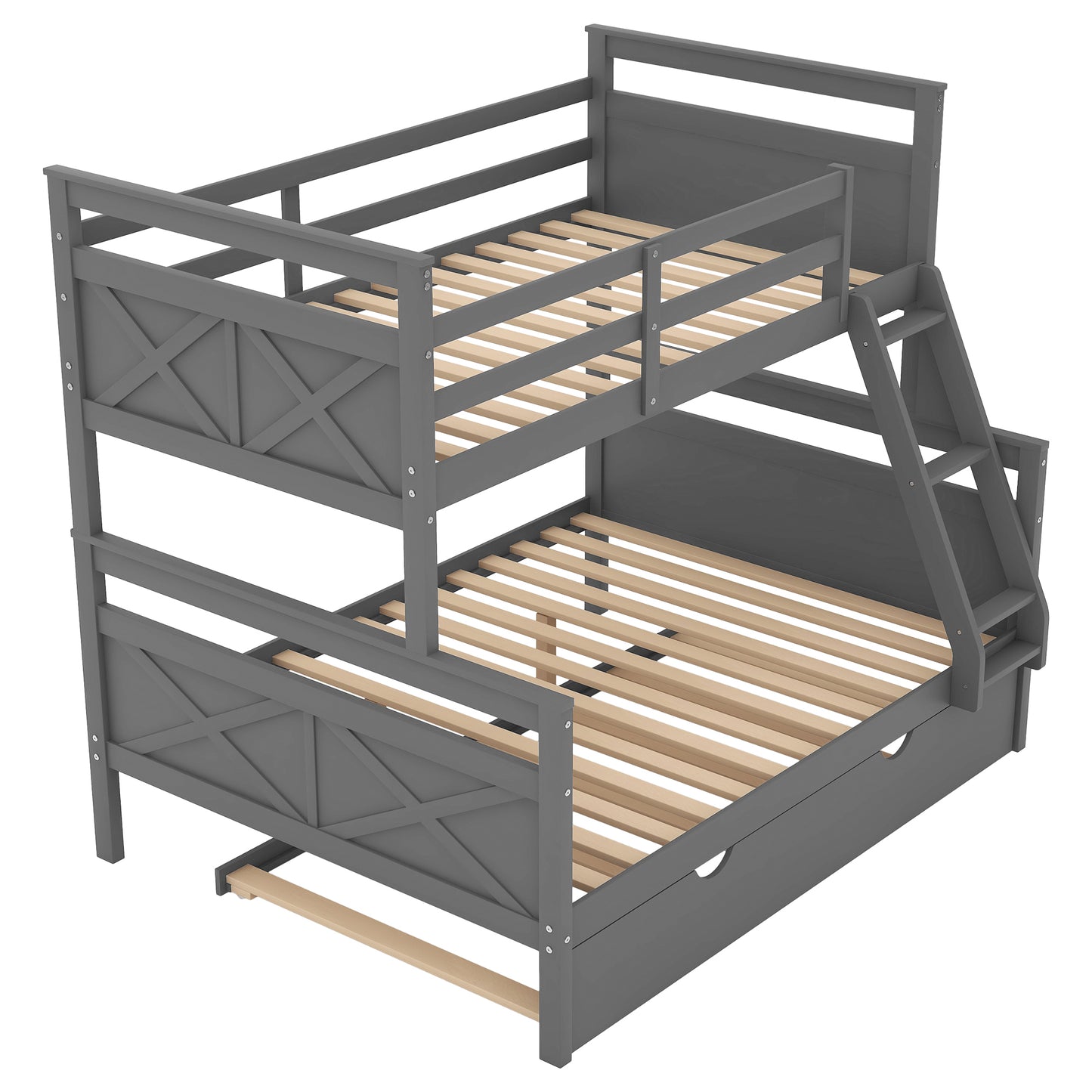 Triple Sleeper Bunk Bed with Trundle, Guardrail, Ladder, and Gray Finish