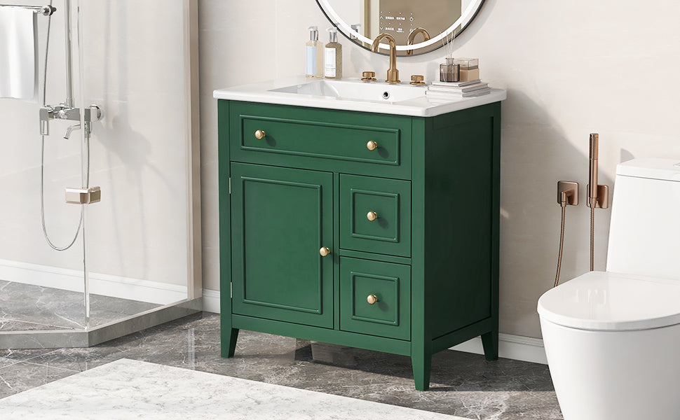 30" Bathroom Vanity with Sink Top, Bathroom Vanity Cabinet with Door and Two Drawers, Solid Wood Frame, One Package, Green