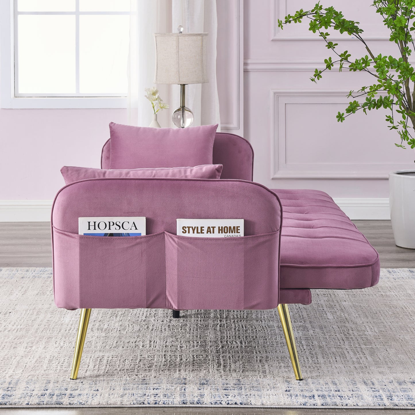 72.5 Pink Velvet Convertible Sofa Bed with Adjustable Backrest and Metal Legs