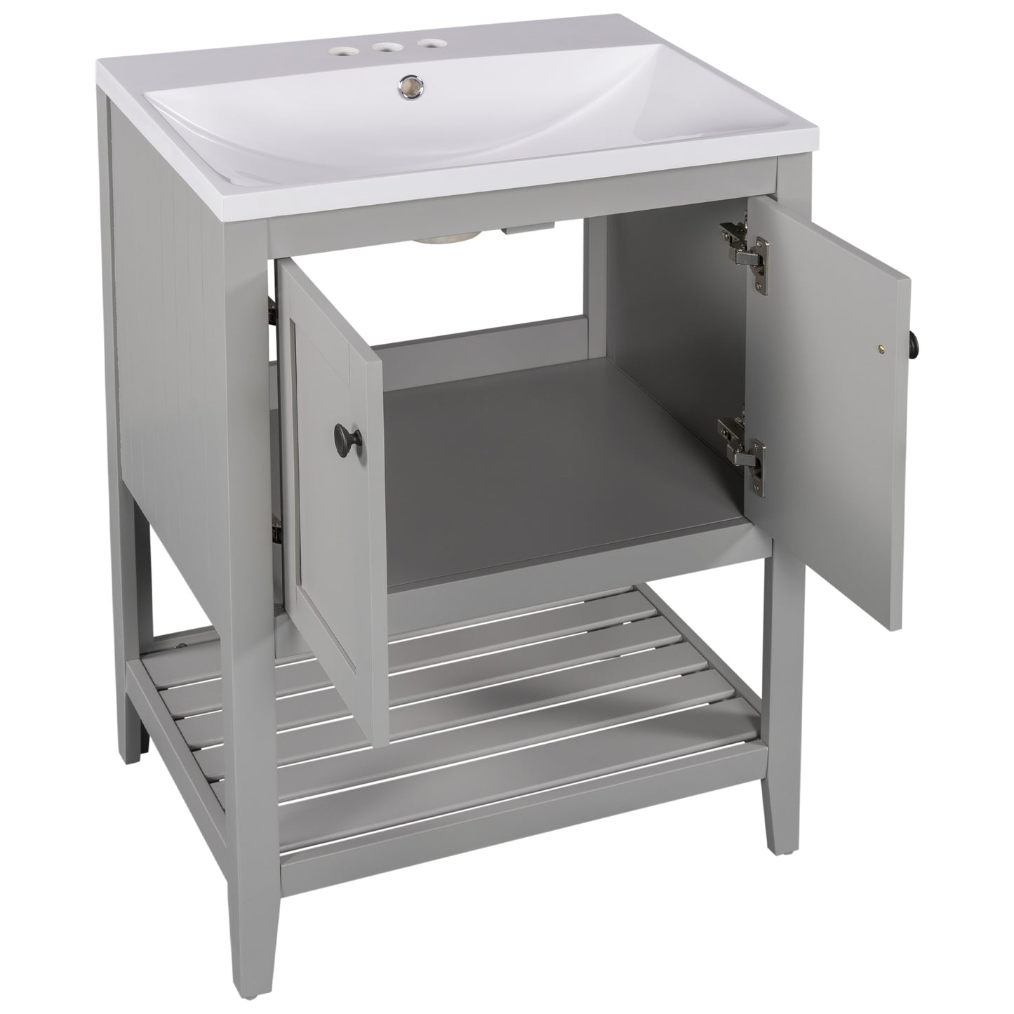 24" Grey Modern Sleek Bathroom Vanity Elegant Ceramic Sink with Solid Wood Frame Open Style Shelf