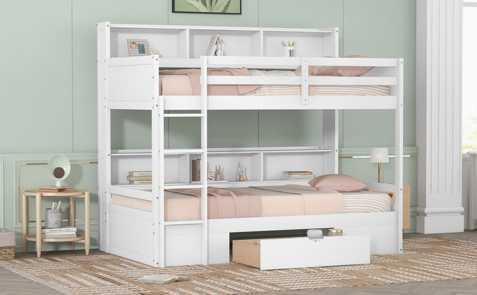 White Twin Size Bunk Bed with Underbed Storage Shelves and Drawer