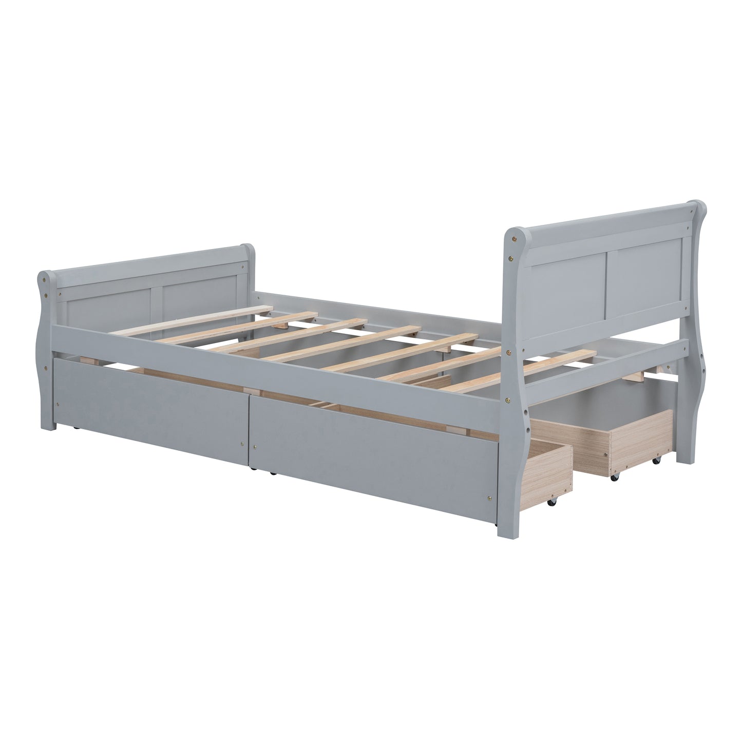 Twin Size Wood Platform Bed with 4 Drawers and Streamlined Headboard & Footboard, Gray