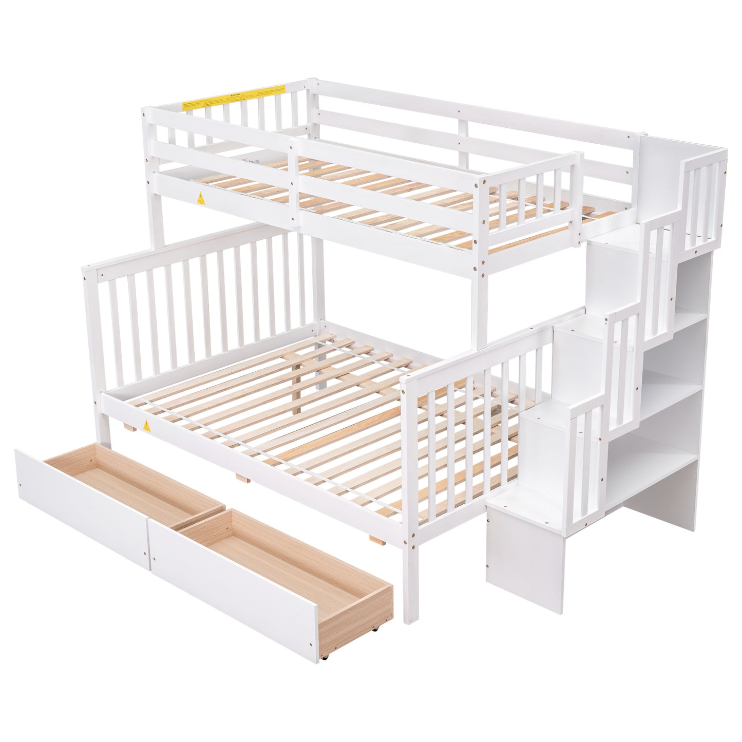 Convertible Twin Over Full Bunk Bed with Staircase and Drawers - White Wood Twin-Size Loft Bed