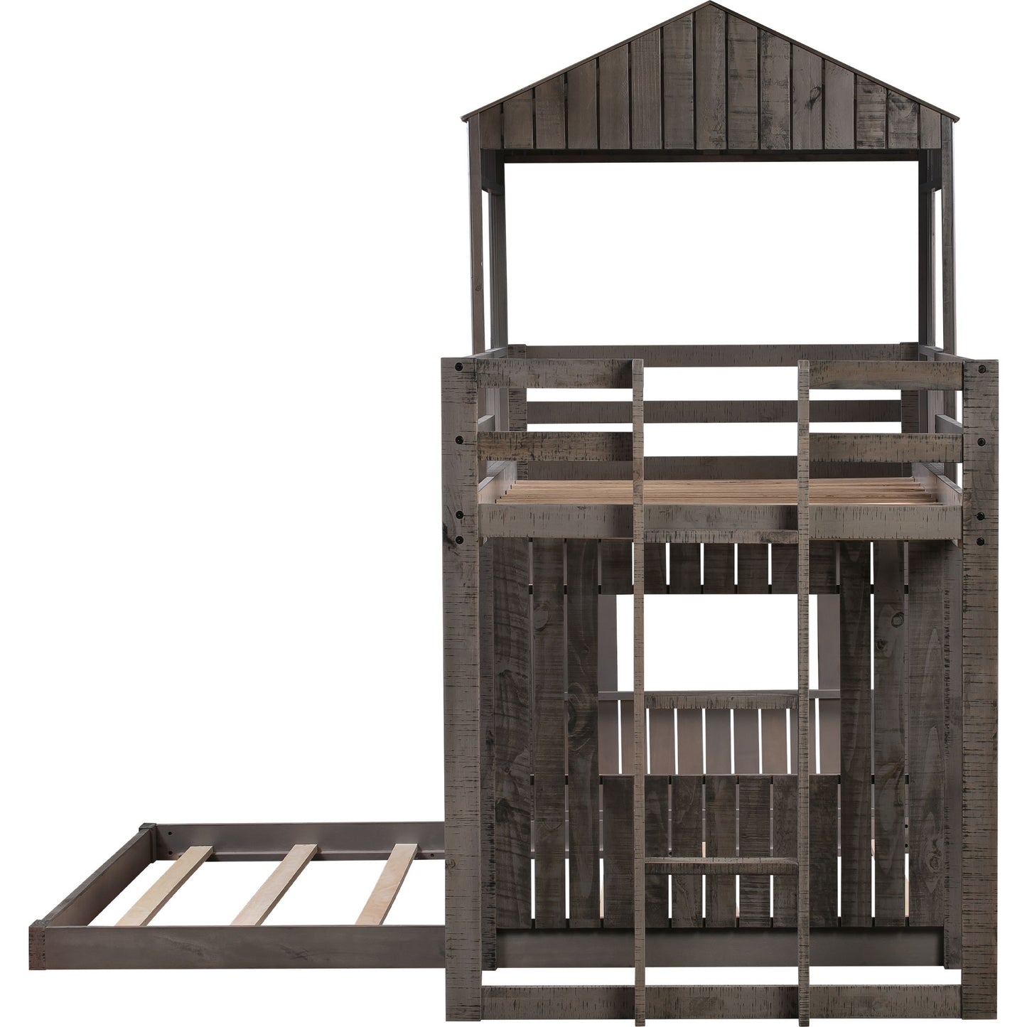 Wooden Twin Over Full Bunk Bed with Playhouse Design and Ladder - Antique Grey with Guardrails