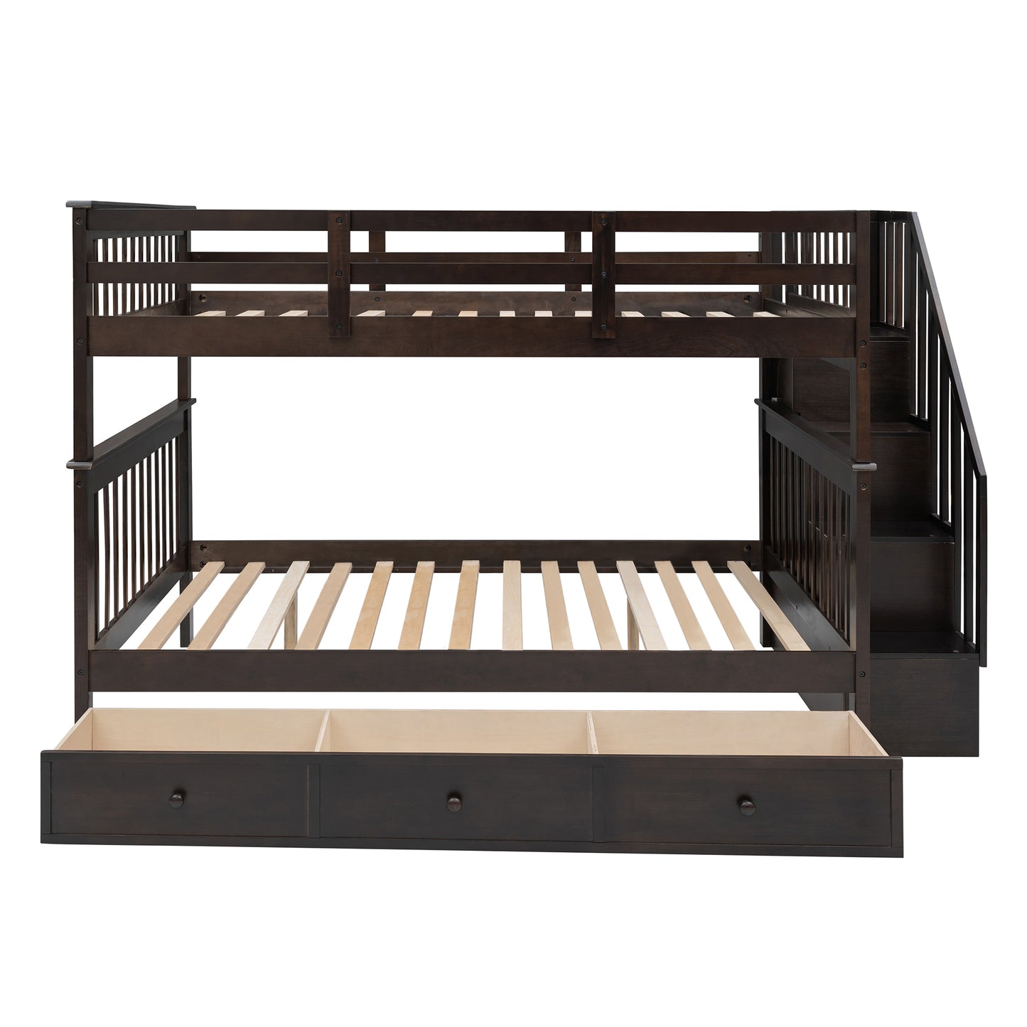 Espresso Wooden Staircase Bunk Bed with Storage and Drawer