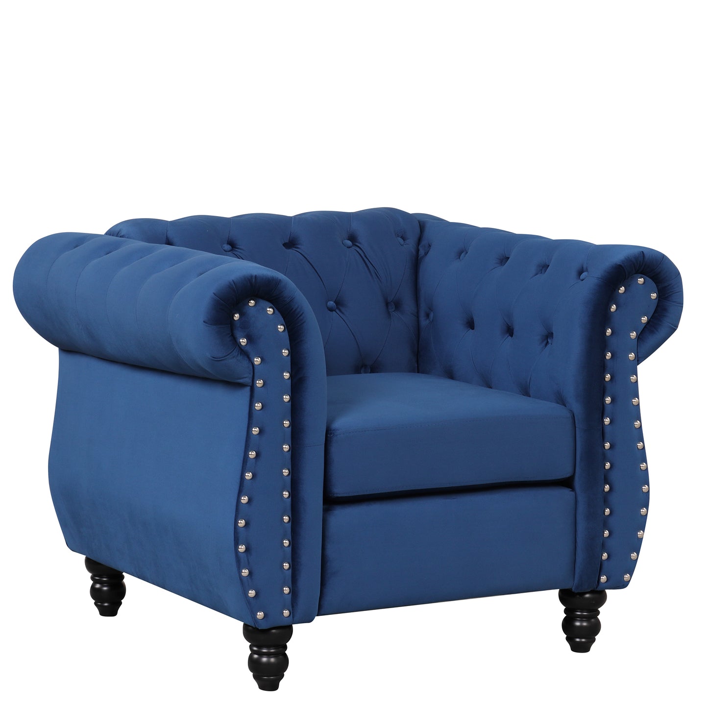 39 Plush Blue Upholstered Modern Sofa with Solid Wood Legs and Buttoned Tufted Backrest