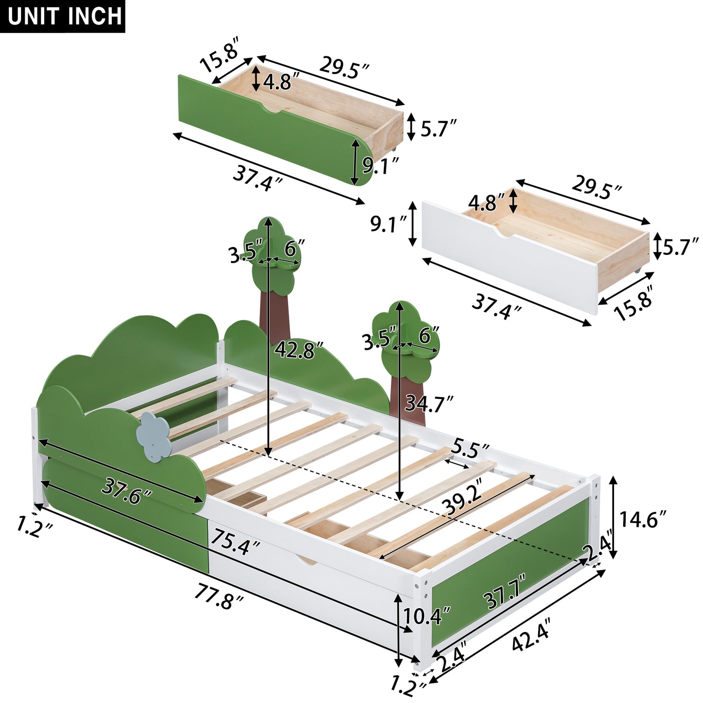 Twin Size Bed with Grass Hill and Trees Decor