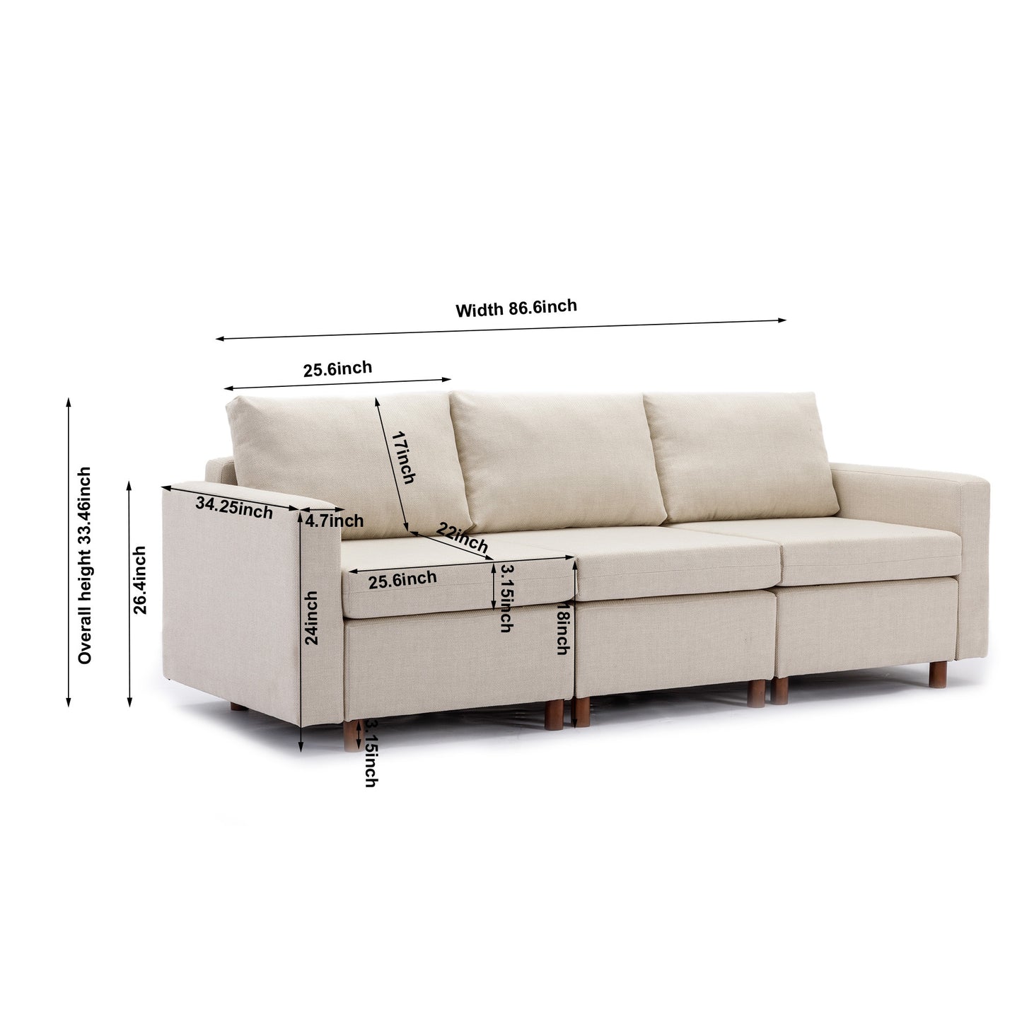 3-Seat Modular Sectional Sofa Set with 2 Ottomans, Cream Linen Upholstery