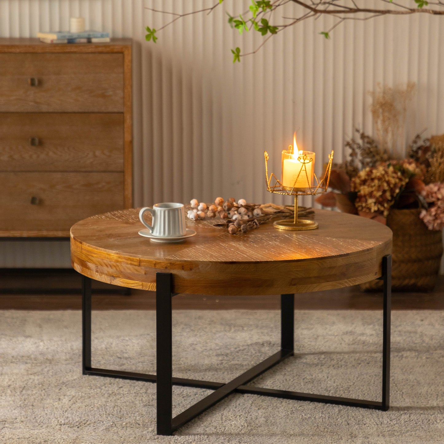 Modern Retro Fir Wood Round Coffee Table with Black Cross Legs Base