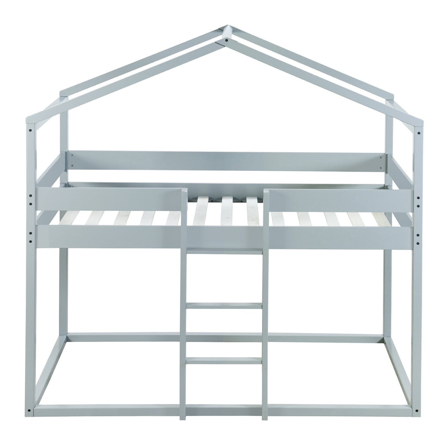 House-Shaped Twin Over Twin Bunk Bed with Tent in Gray Wood