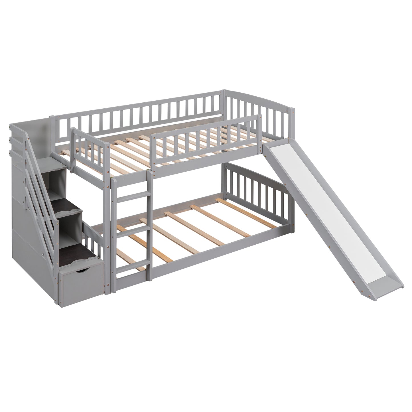 Stairway Twin Bunk Bed with Slide, Drawers, and Gray Finish