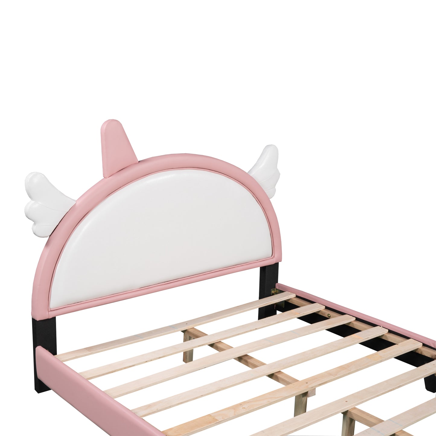 Cute Full size Upholstered Bed With Unicorn Shape Headboard,Full Size Platform Bed with Headboard and Footboard,White+Pink