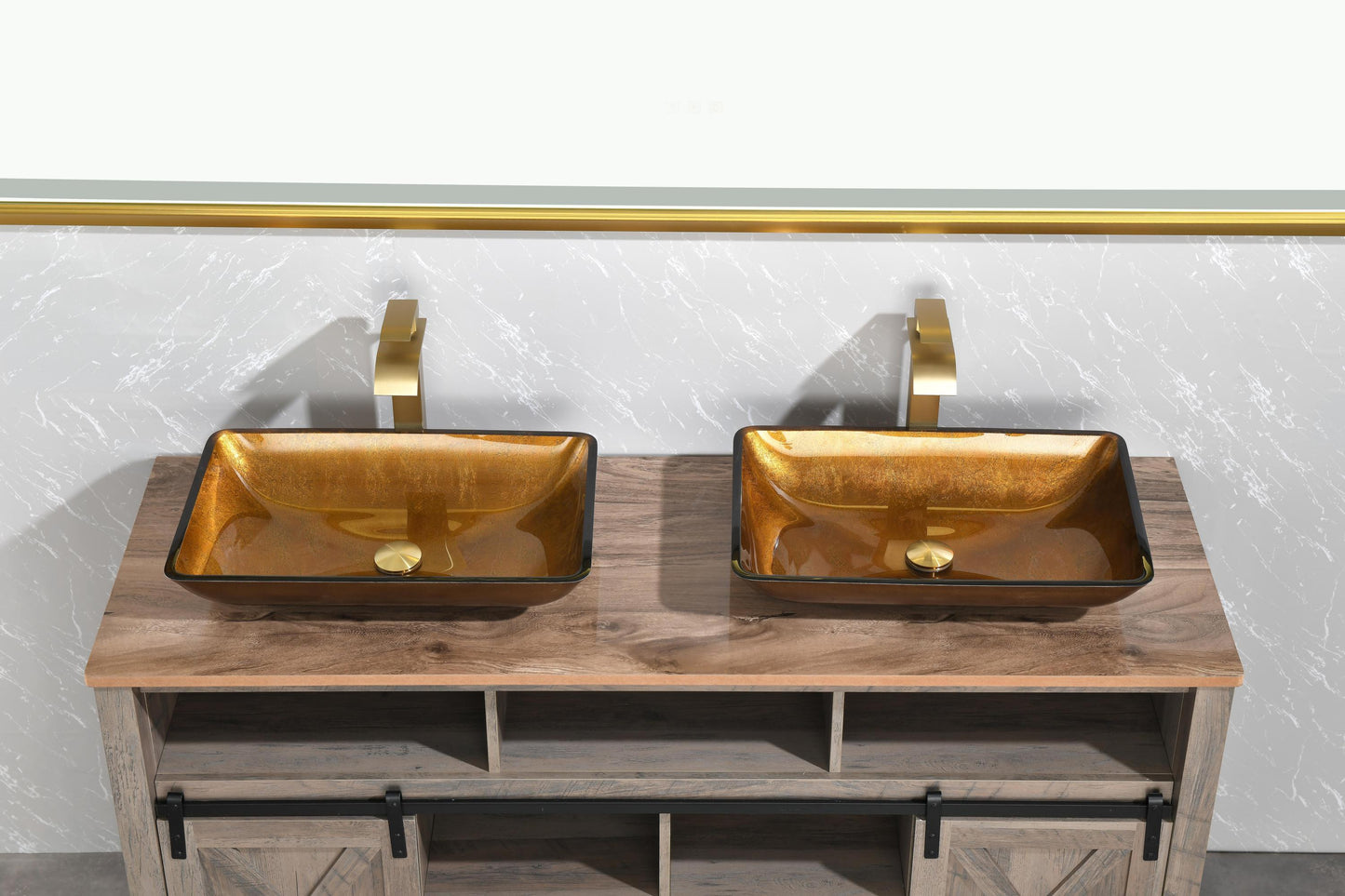 Gold Glass Rectangular Vessel Bathroom Sink Set with Faucet and Pop-Up Drain