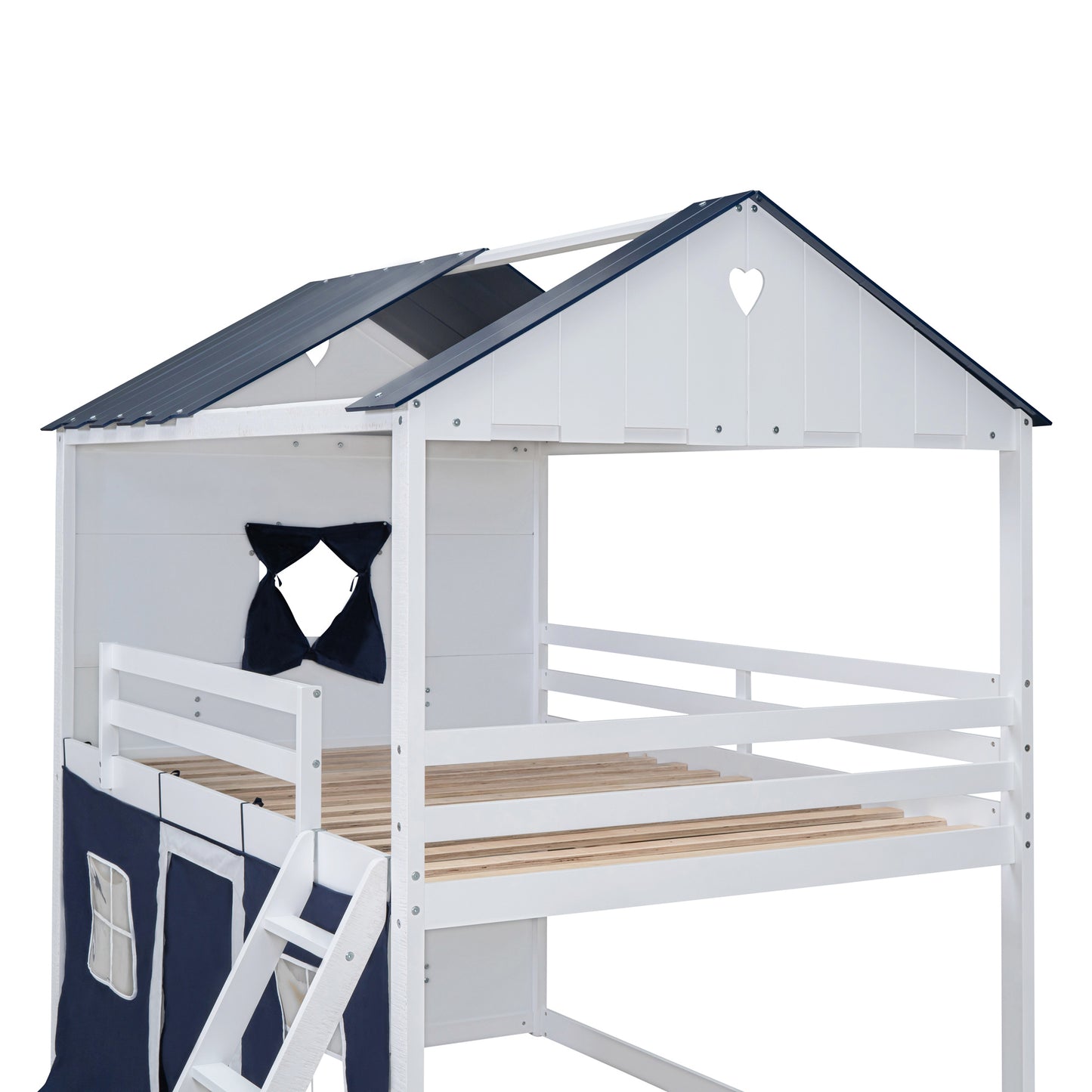 Full Size Bunk Wood House Bed with Elegant Windows, Sills and Tent,  Blue+White