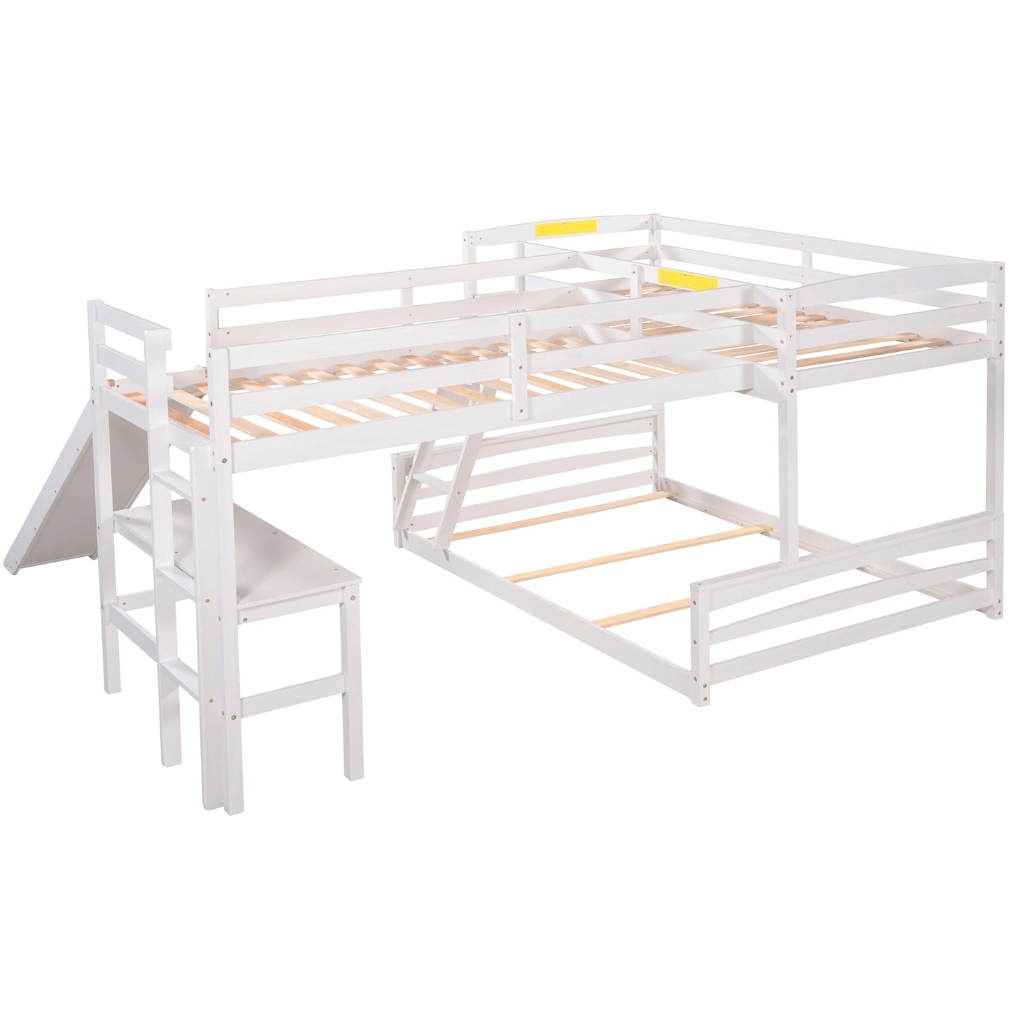 Combined L-Shaped Loft Bunk Bed Set with Desk, Slide & Guardrail in White