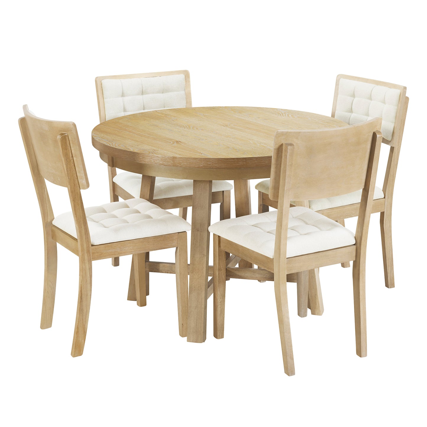 Rustic 42inch Round Dining Table Set with Cross Legs and Upholstered Dining Chairs for Small Places, Natural