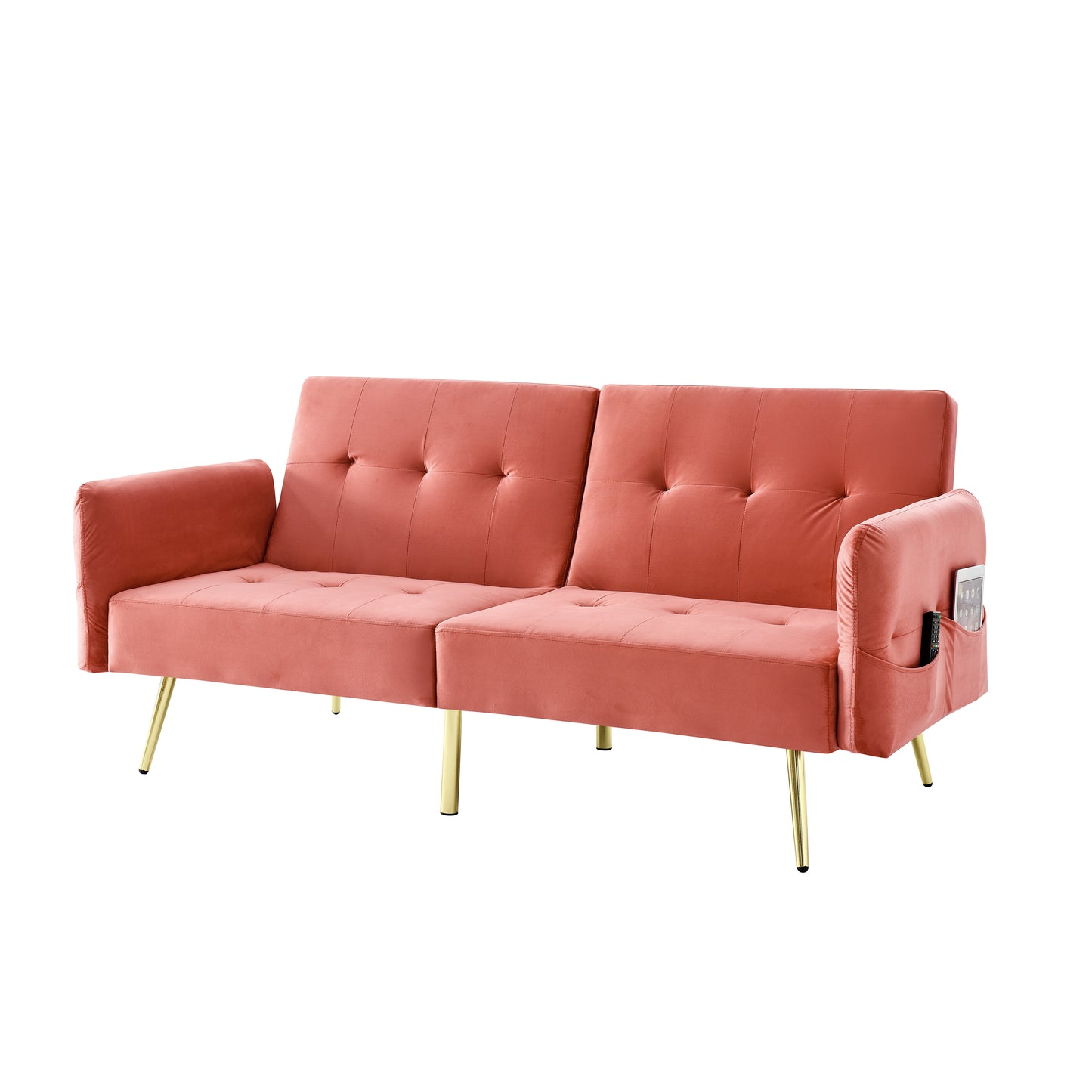 Pink Italian Velvet Convertible Sleeper Sofa Bed with Folded Armrests and Storage Bags