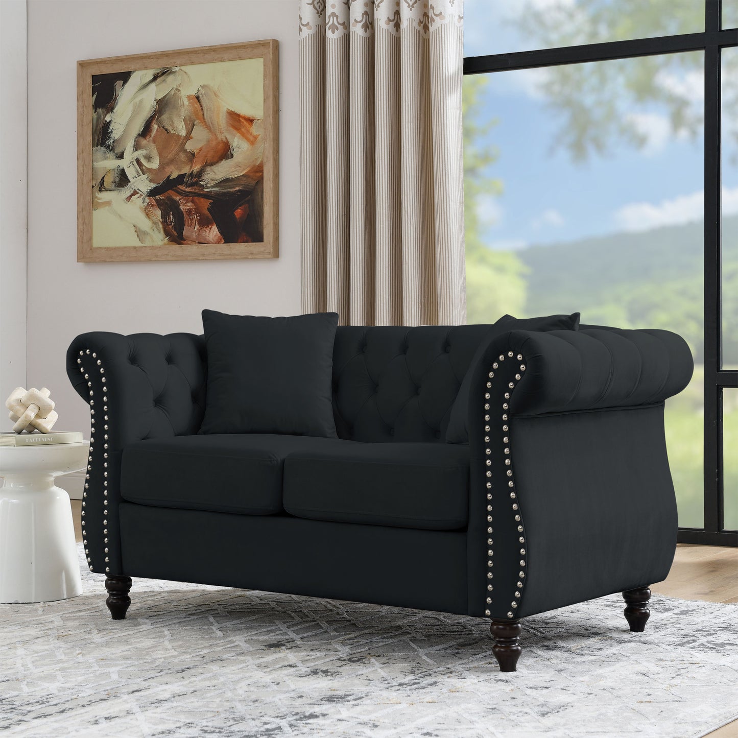 Chesterfield Sofa in Black Velvet with Rolled Arms and Nailhead Trim