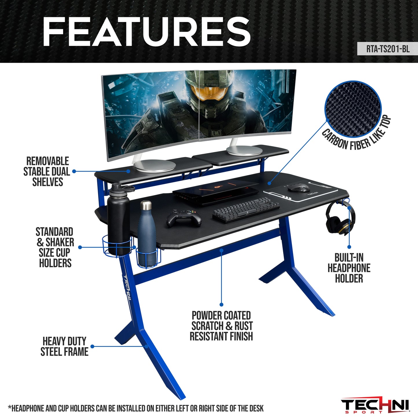 Techni Sport Blue Stryker Gaming Desk with Carbon Fiber Texture in Striking Blue