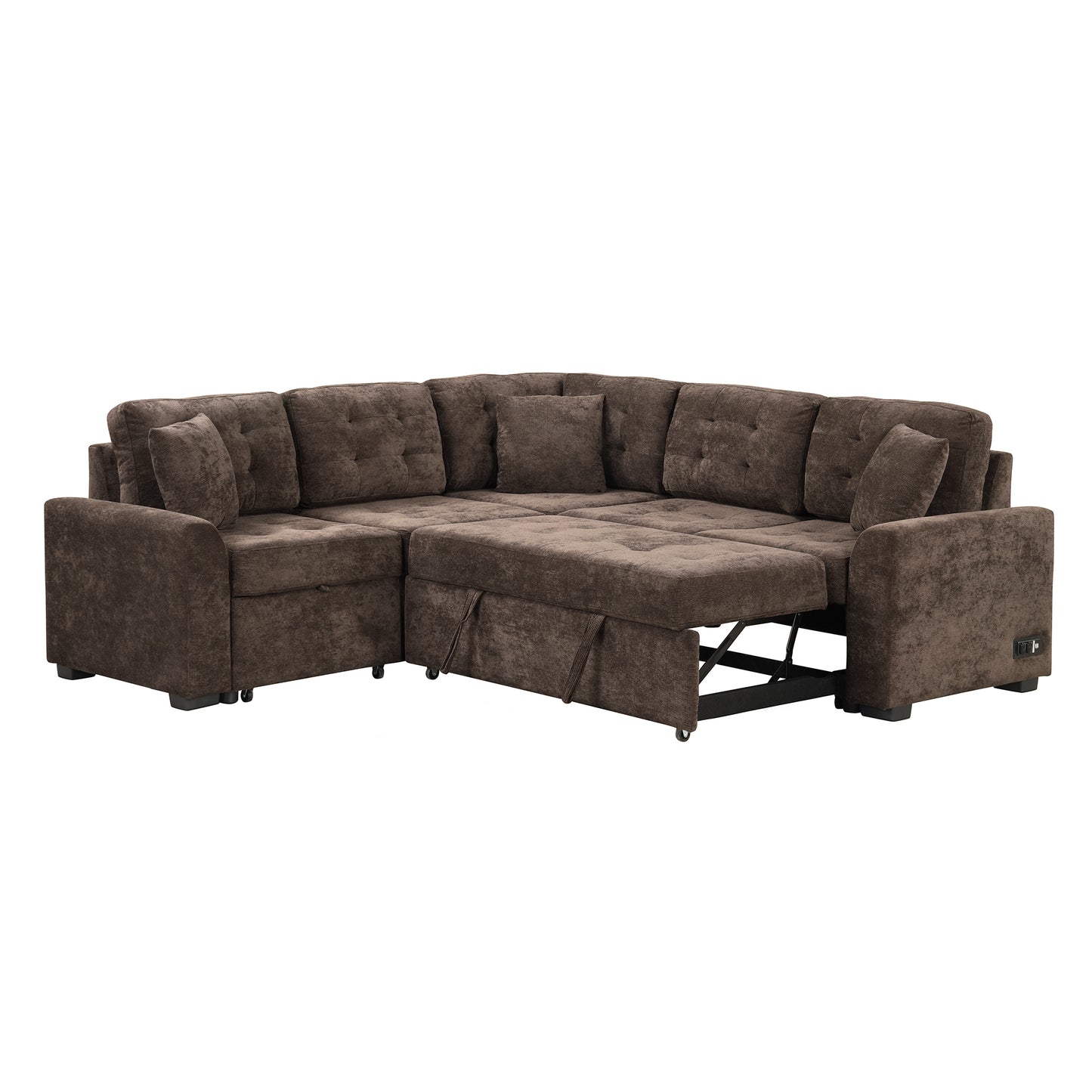 Convertible L-Shape Sleeper Sofa with USB Ports and Power Sockets, Brown