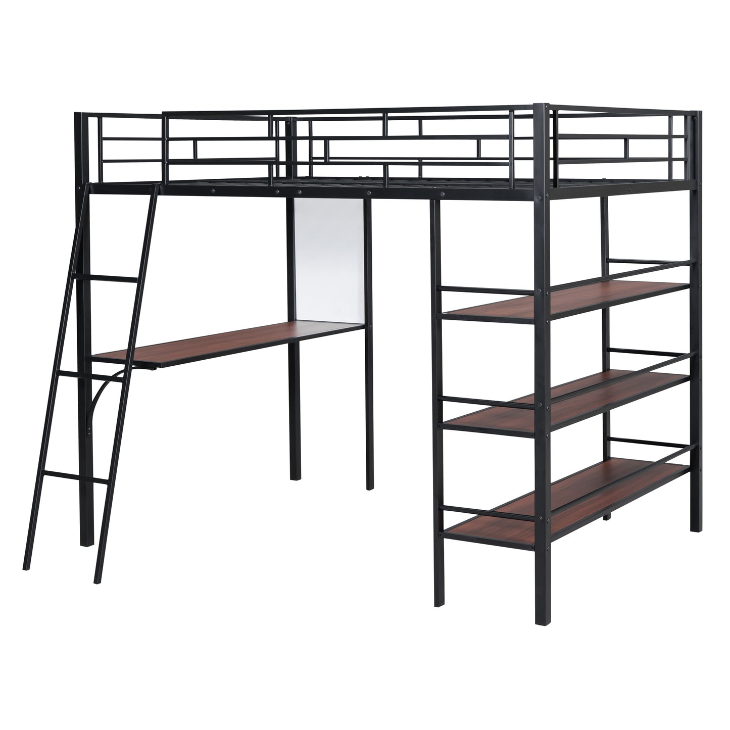 Full Size Loft Metal Bed with 3 Layers of Shelves and Desk, Stylish Metal Frame Bed with Whiteboard, Black