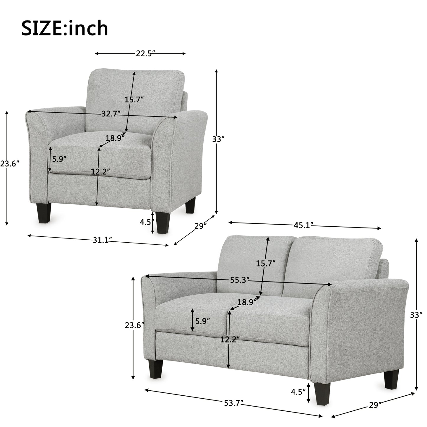 Living Room Furniture Armrest Single Sofa   and Loveseat Sofa (Light Gray)