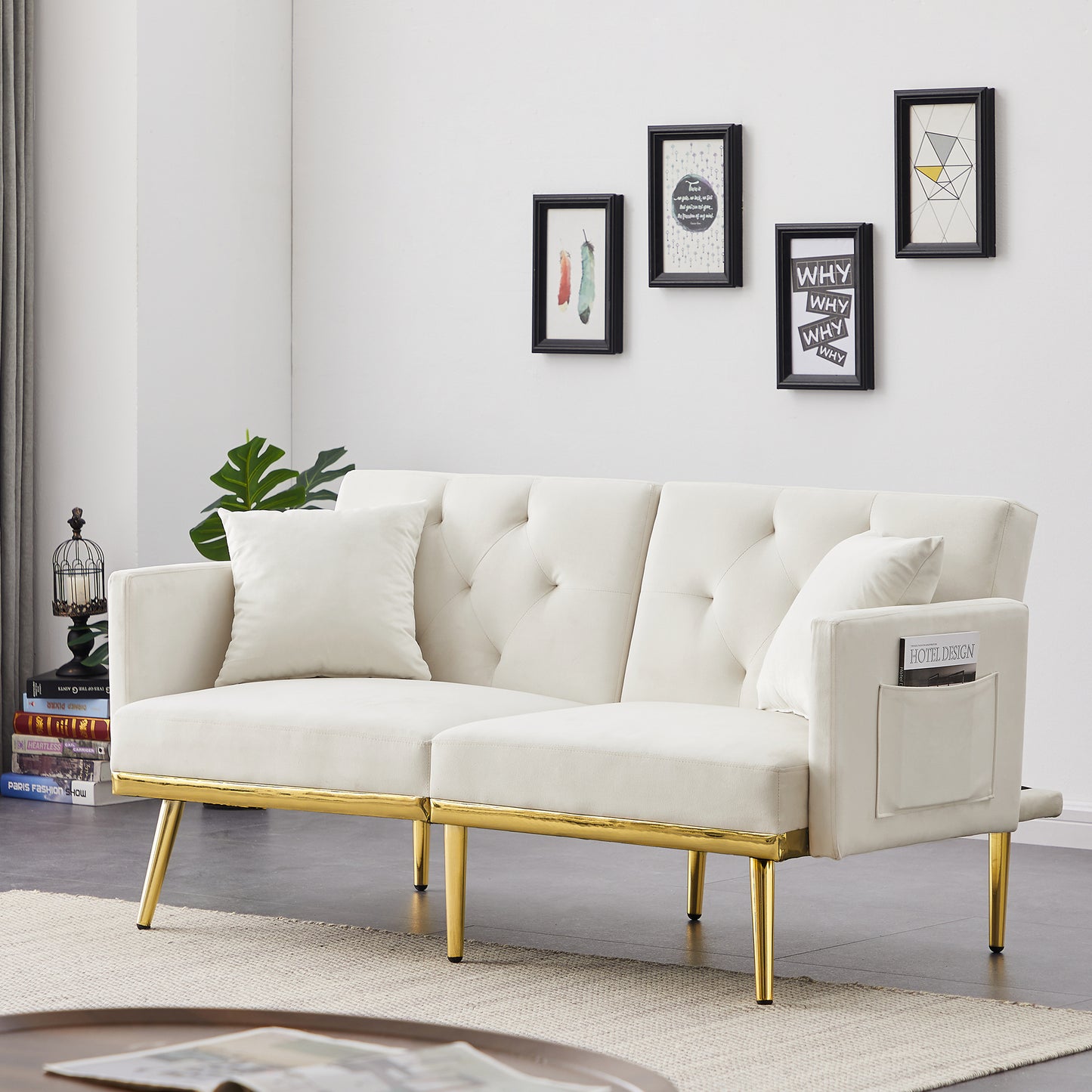 Cream White Velvet Sofa Bed