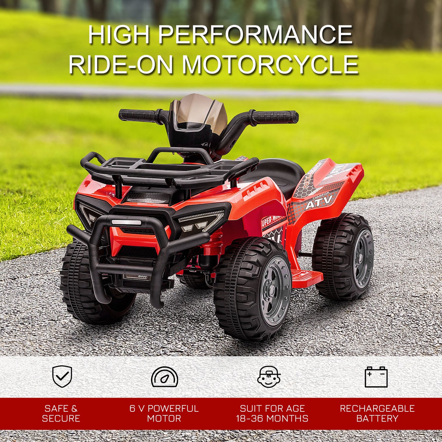 Kids Red 6V Battery Powered Ride-on ATV Four Wheeler Car with Music for 18-36 Months