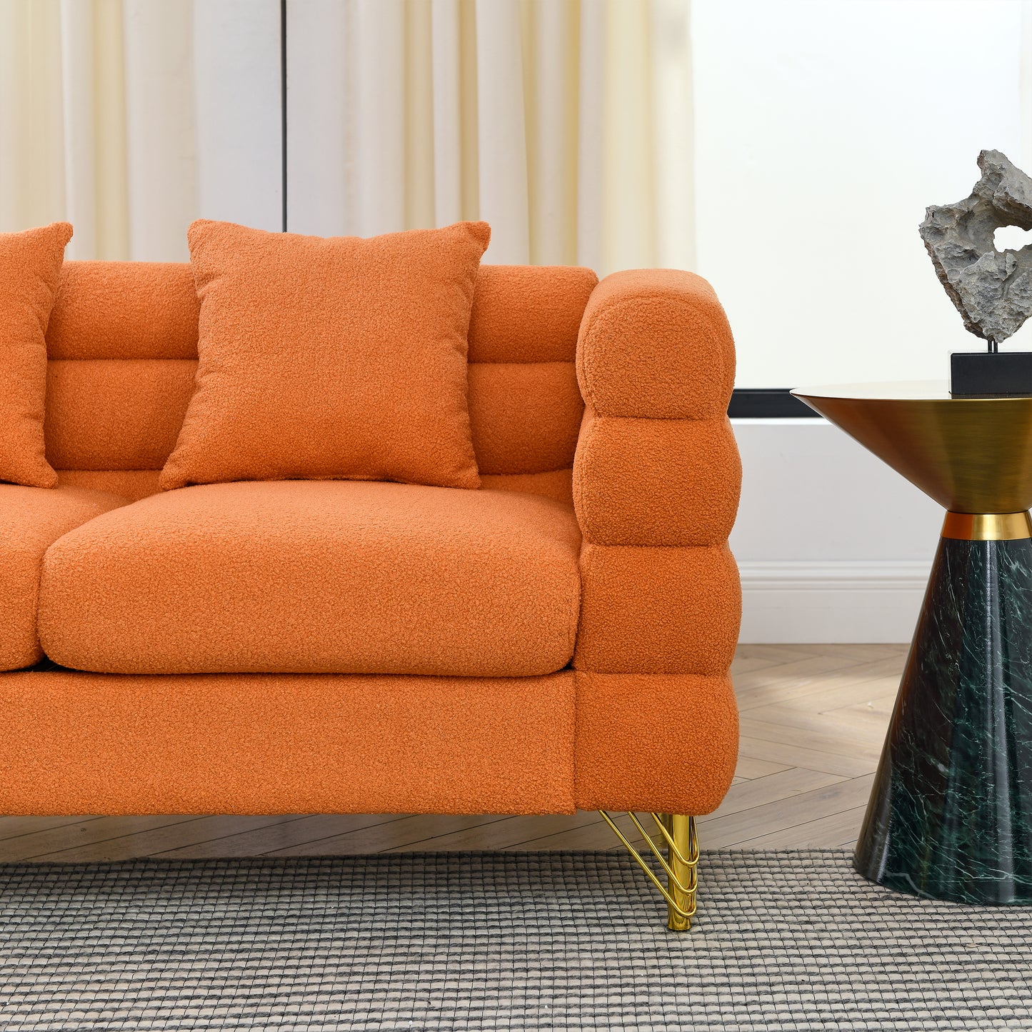 60-Inch Oversized 2-Seater Sectional Sofa in Orange Teddy Fabric with 2 Pillows