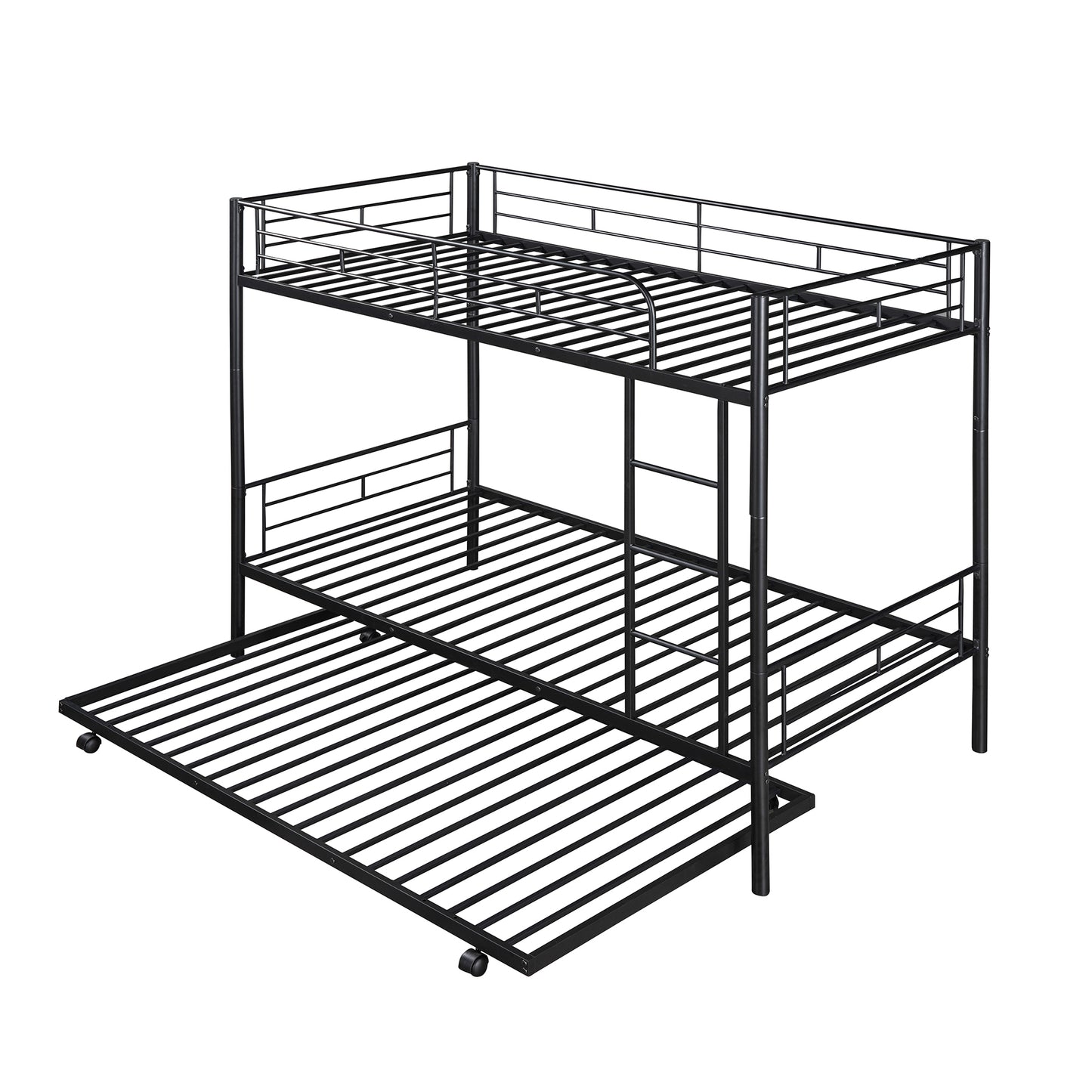 Metal Bunk Bed with Twin Trundle, Convertible Twin-Over-Twin, Black