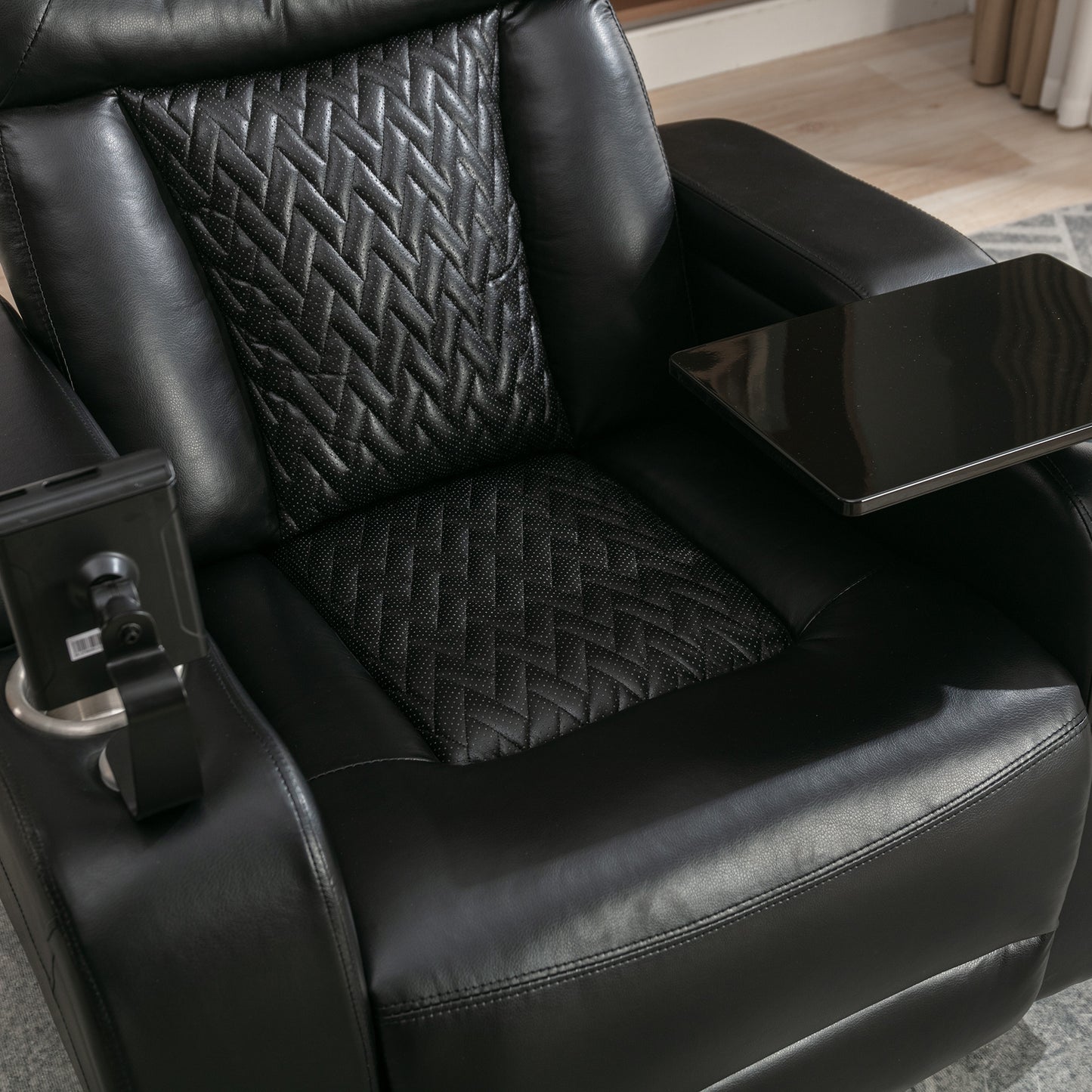 Luxury Black Swivel Recliner Chair with Tray Table, Phone Holder, and USB Port