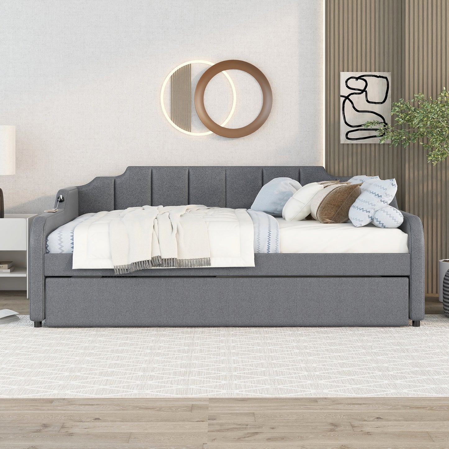 Full Size Upholstery Daybed with Trundle and USB Charging Design,Trundle can be flat or erected,Gray