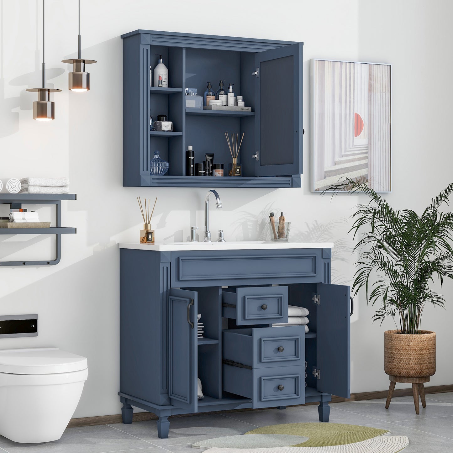 36'' Bathroom Vanity with Top Sink, Royal Blue Mirror Cabinet, Modern Bathroom Storage Cabinet with 2 Soft Closing Doors and 2 Drawers, Single Sink Bathroom Vanity