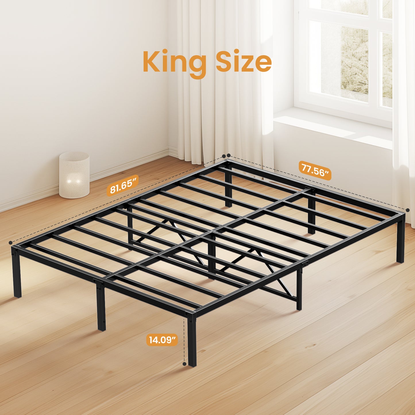 14 Inch Black King Bed Frame No Box Spring Needed,  Metal Bed Frame with Solid Structure, Noiseless, Easy to install, and Sufficient Storage Space Under the Bed