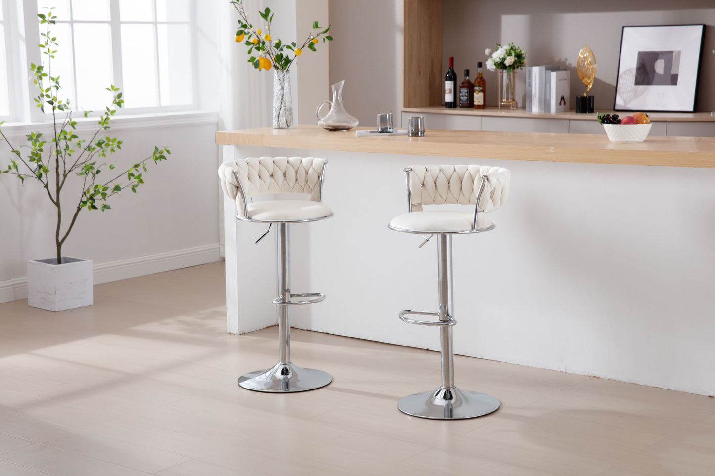 Set of 2  Bar Stools,with Chrome Footrest and Base Swivel Height Adjustable Mechanical Lifting Velvet + Bar Stool-BEIGE