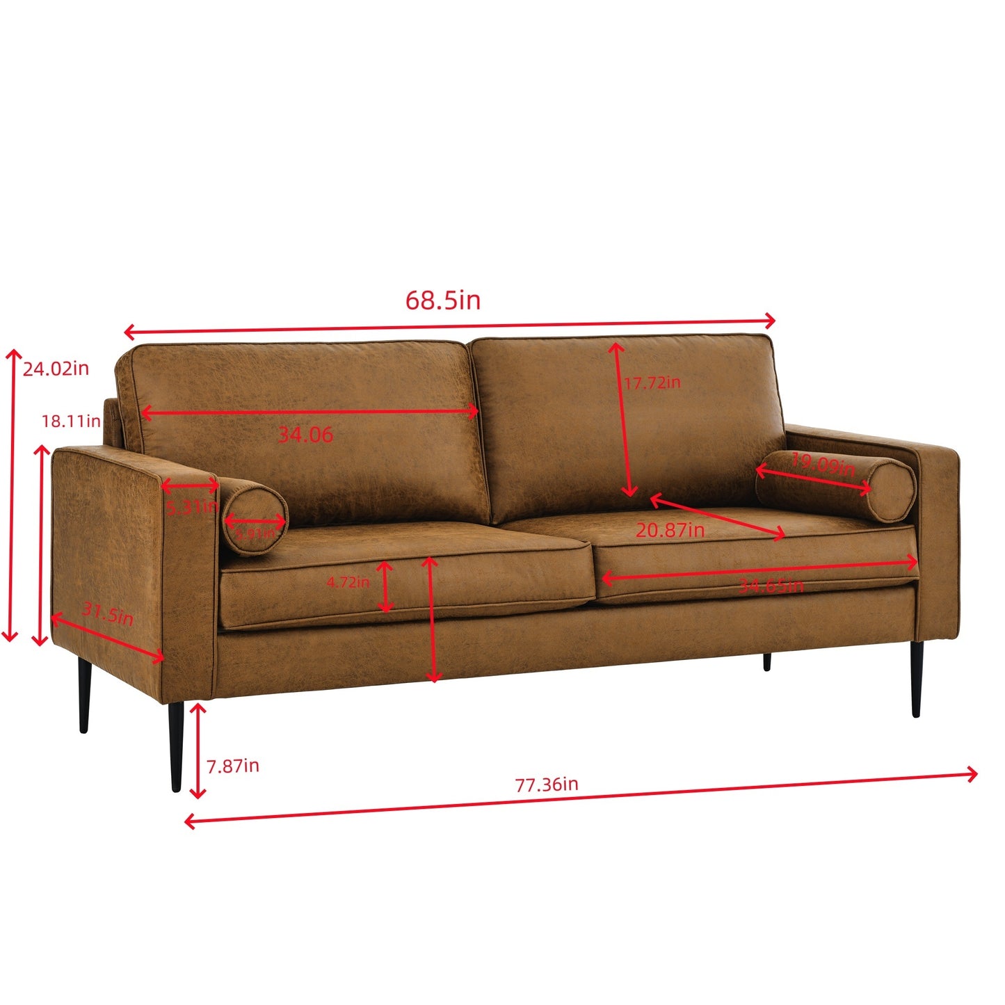 79-inch Large Brown Mid-Century Modern Couch with High-Tech Fabric Surface and Upholstered Cushions and Pillows