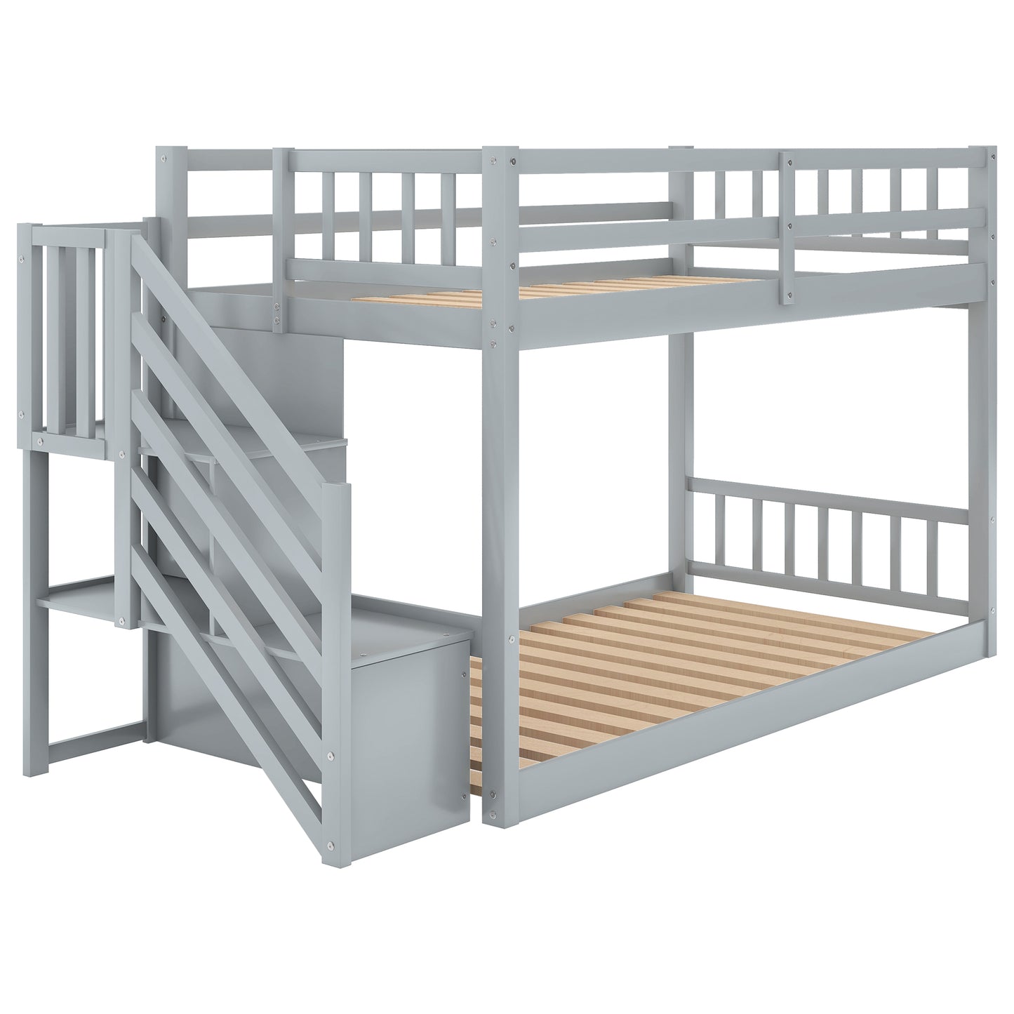 Gray Twin Bunk Bed with Built-in Storage Ladder for Kids