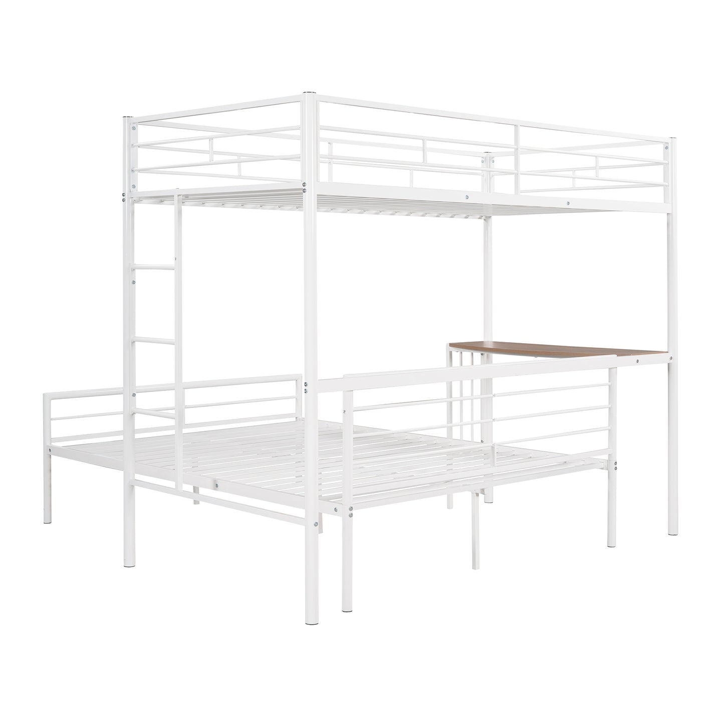 Metallic White Twin Over Full Bunk Bed with Desk and Ladder