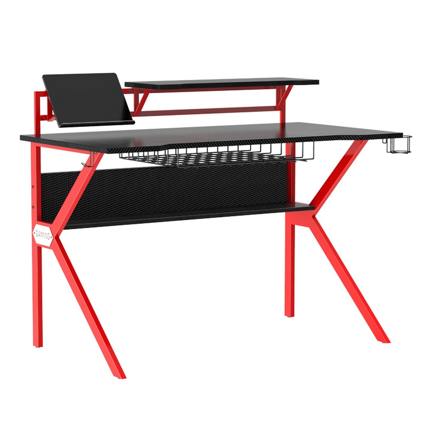 Ergonomic Gaming Desk with Black and Red Metal Frame and PVC Coating