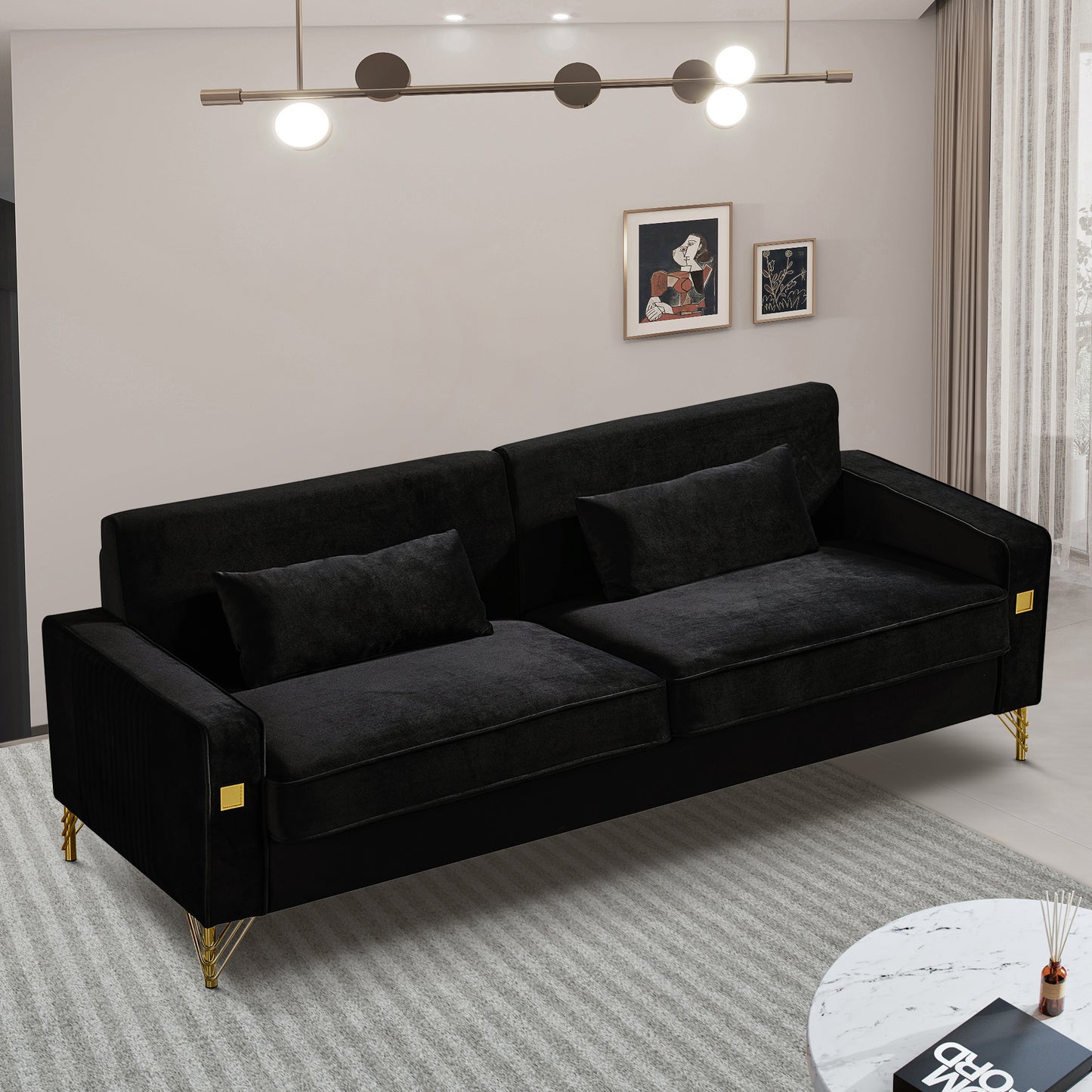 85.44 Luxurious Velvet Sofa with Gold Legs for Elegant Living Room