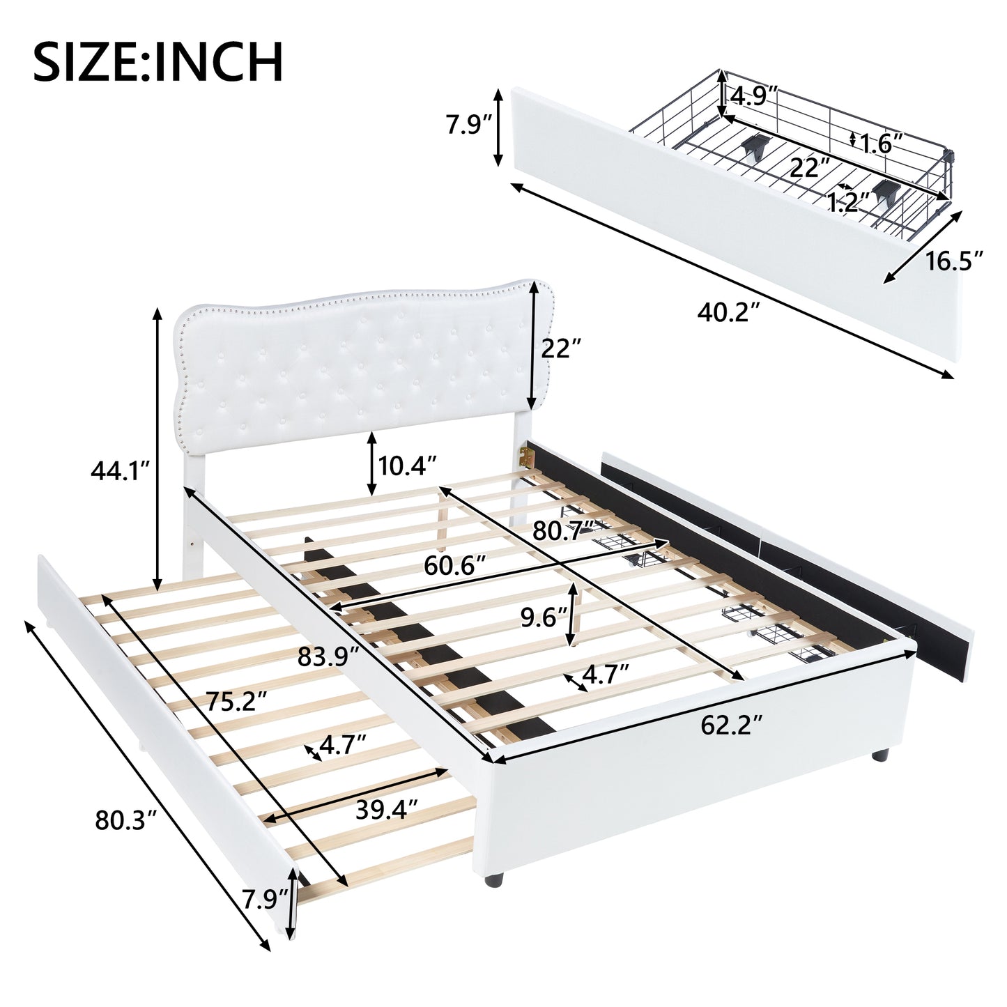 Queen Size Upholstery Platform Bed with Storage Drawers and Trundle,White