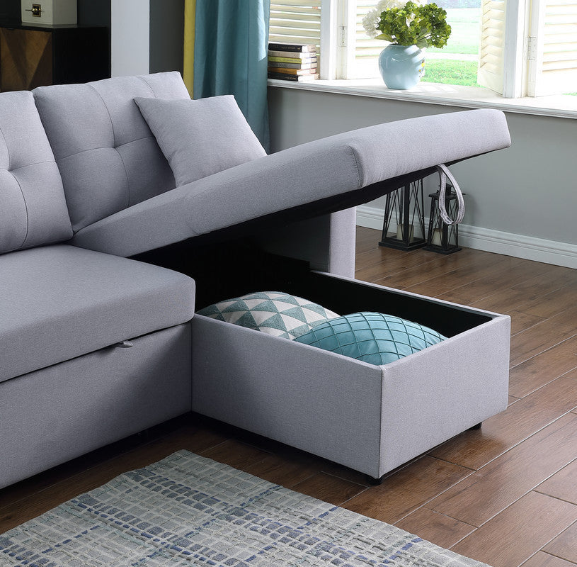 Dennis Light Gray Linen Fabric Reversible Sleeper Sectional with Storage Chaise, Stools, Throw Pillows