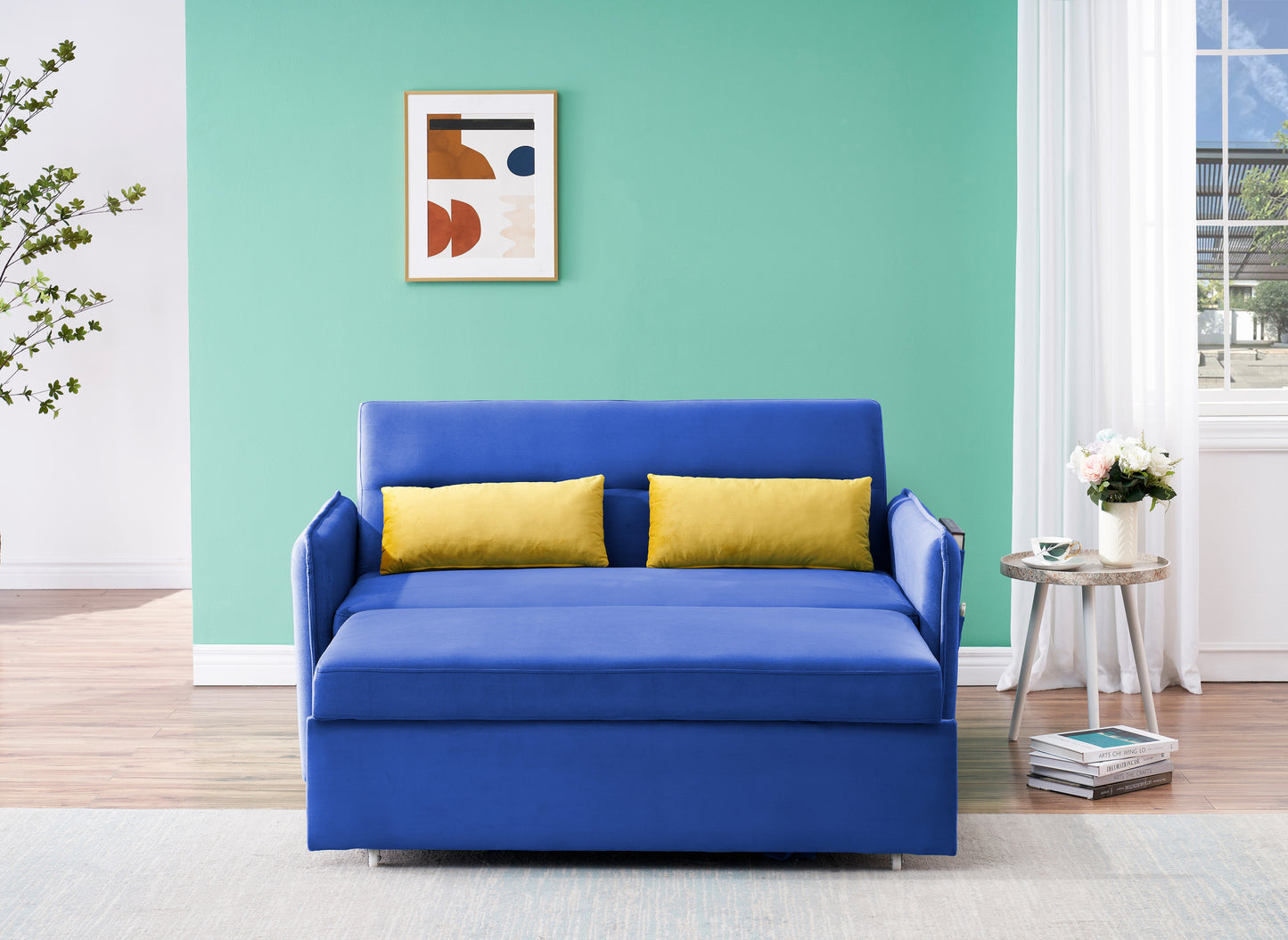 54 Blue Velvet Sofa with Pull Out Bed and Two Pillows - Perfect for Small Spaces