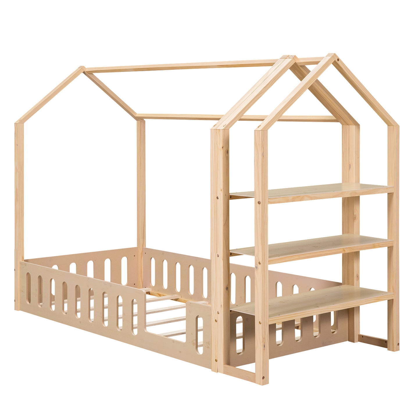 Twin Size Wood House Bed with Fence and Detachable Storage Shelves, Natural (Expected Arrival Time: 1.7)